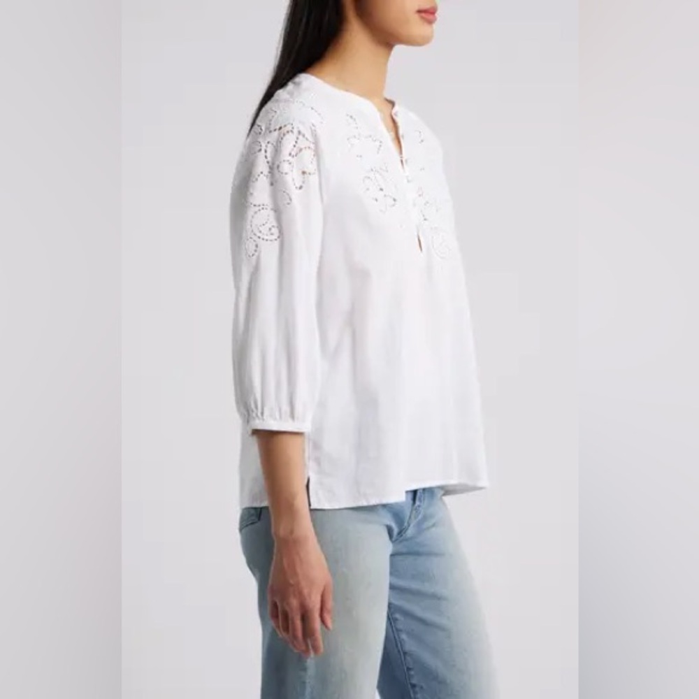 Caslon Embroidered Cutwork Split Neck Popover Top… - image 3